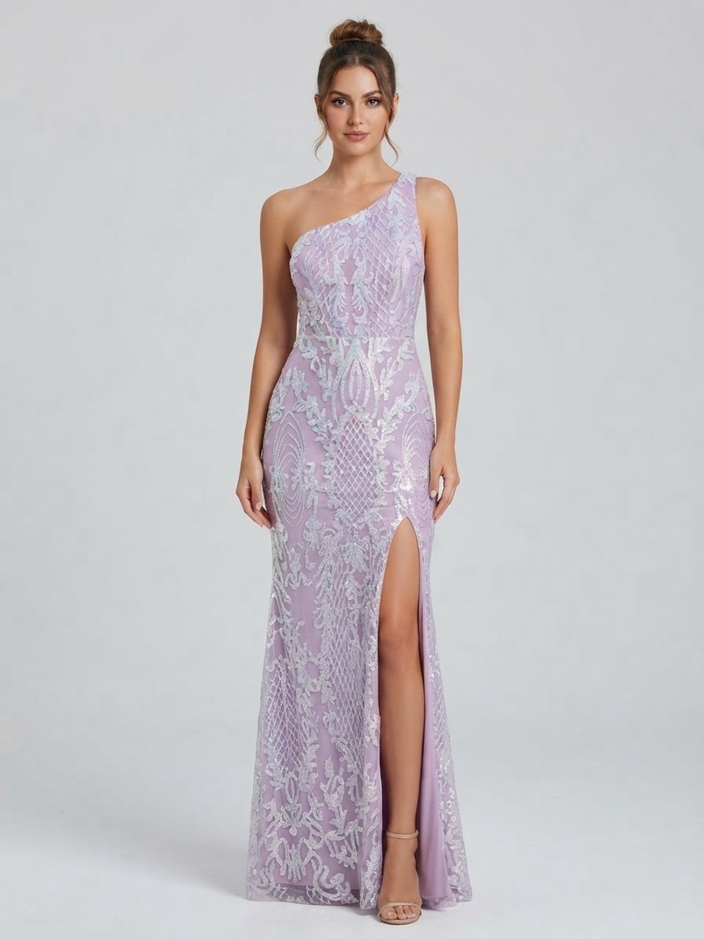 City Triangles One-Shoulder Lavender Lace Gown with High Slit